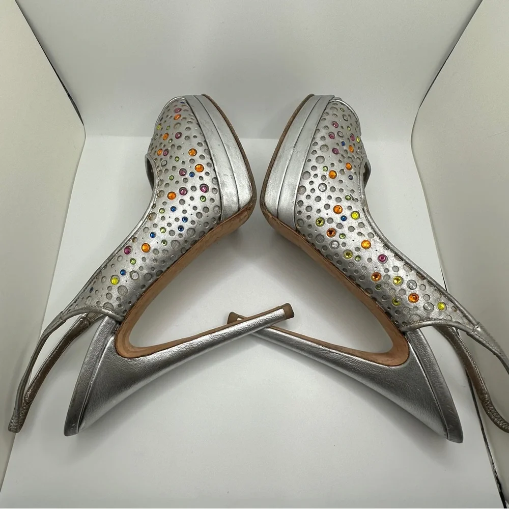 Casadei Women’s Slingback Heels‎ Womens Sandal Silver Multi Strass Size 8